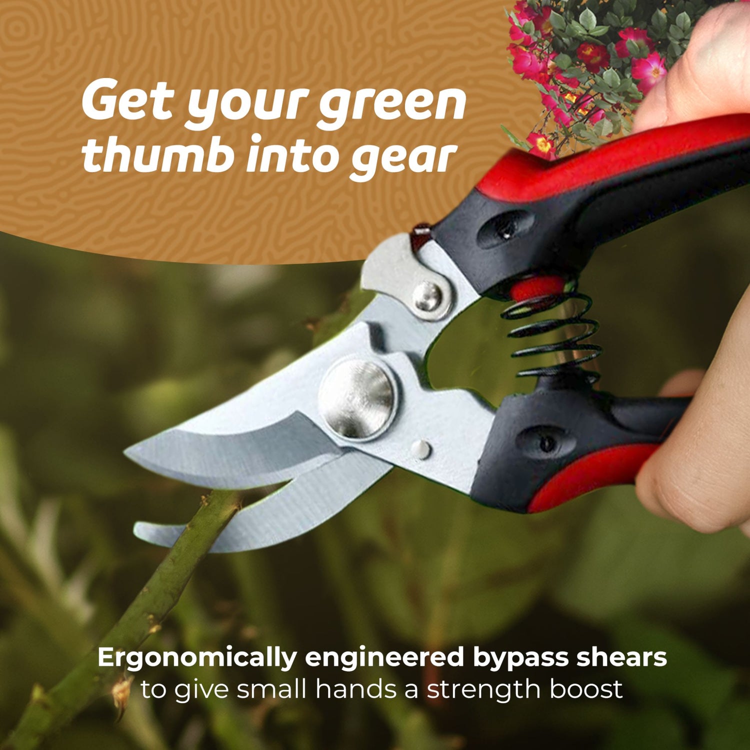 A pair of bypass pruners cutting a flower stem
