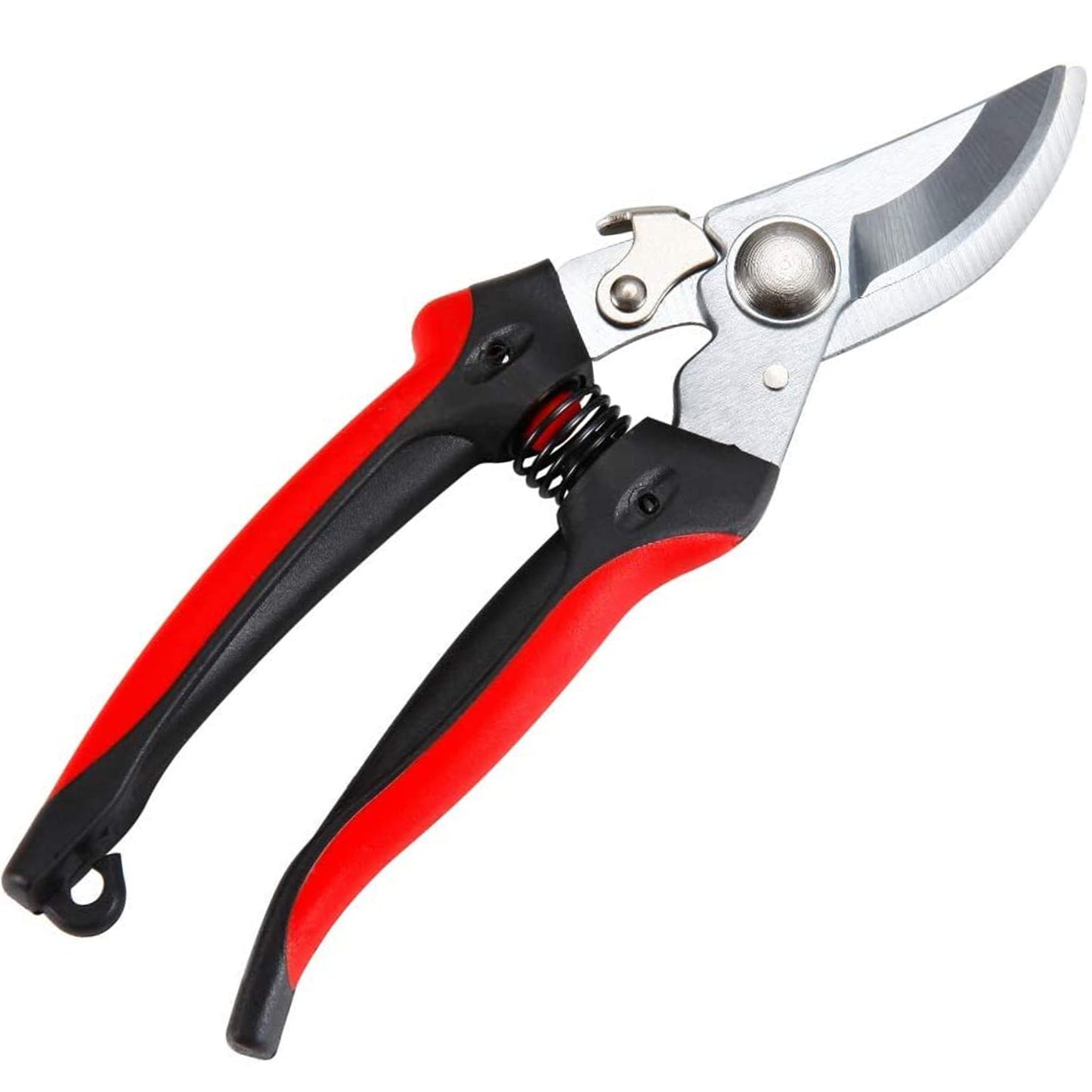 Close up of a pair of bypass pruners on a plain white background. Silver steel blades with red and black handles