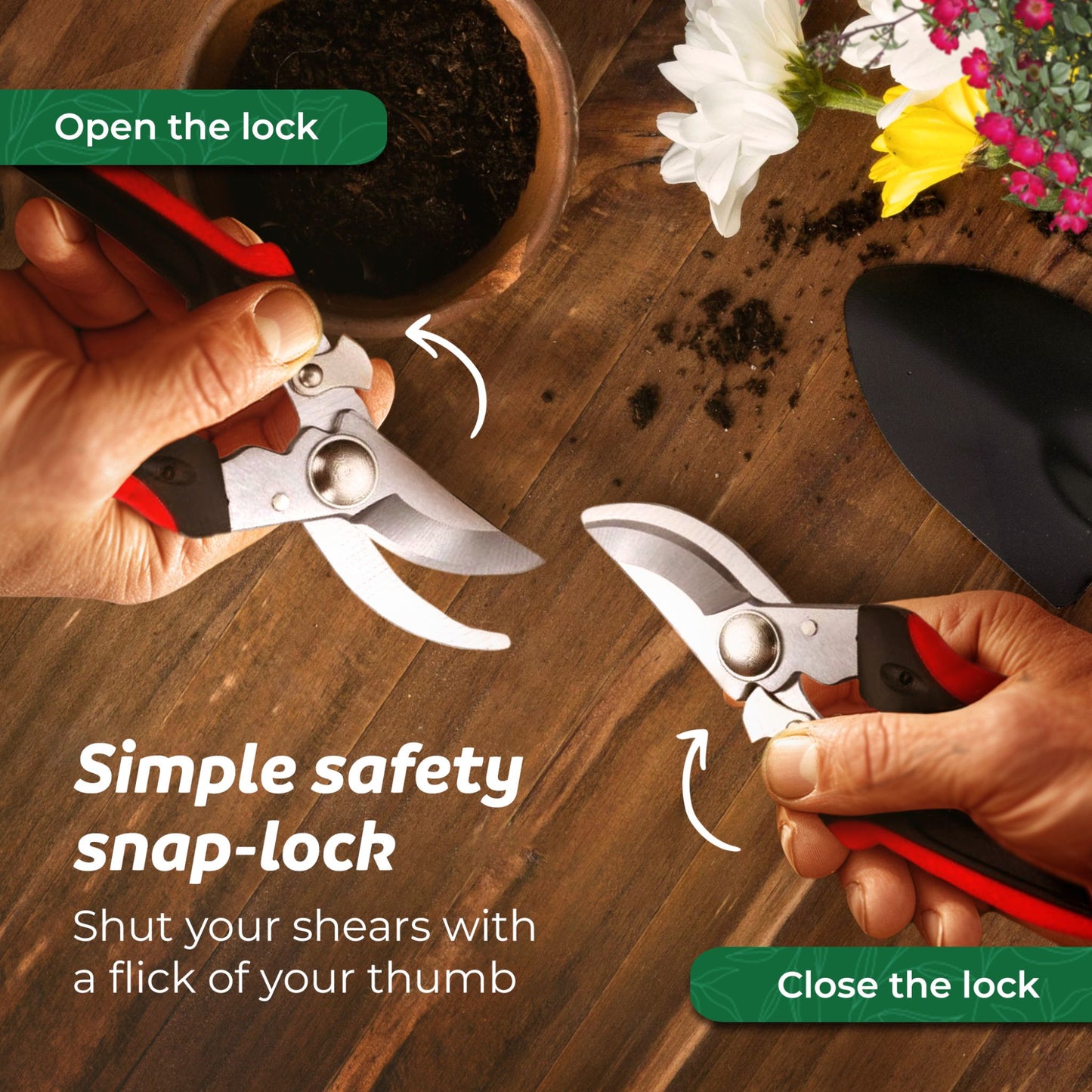 Two hands each holding a pair of bypass pruners with arrows indicating how to open and close the safety lock