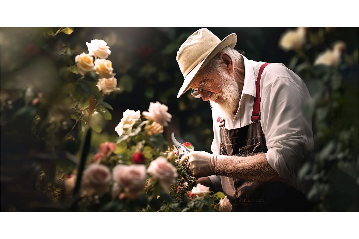 Elderly man wearing a hat and coveralls, pruning a rose bush