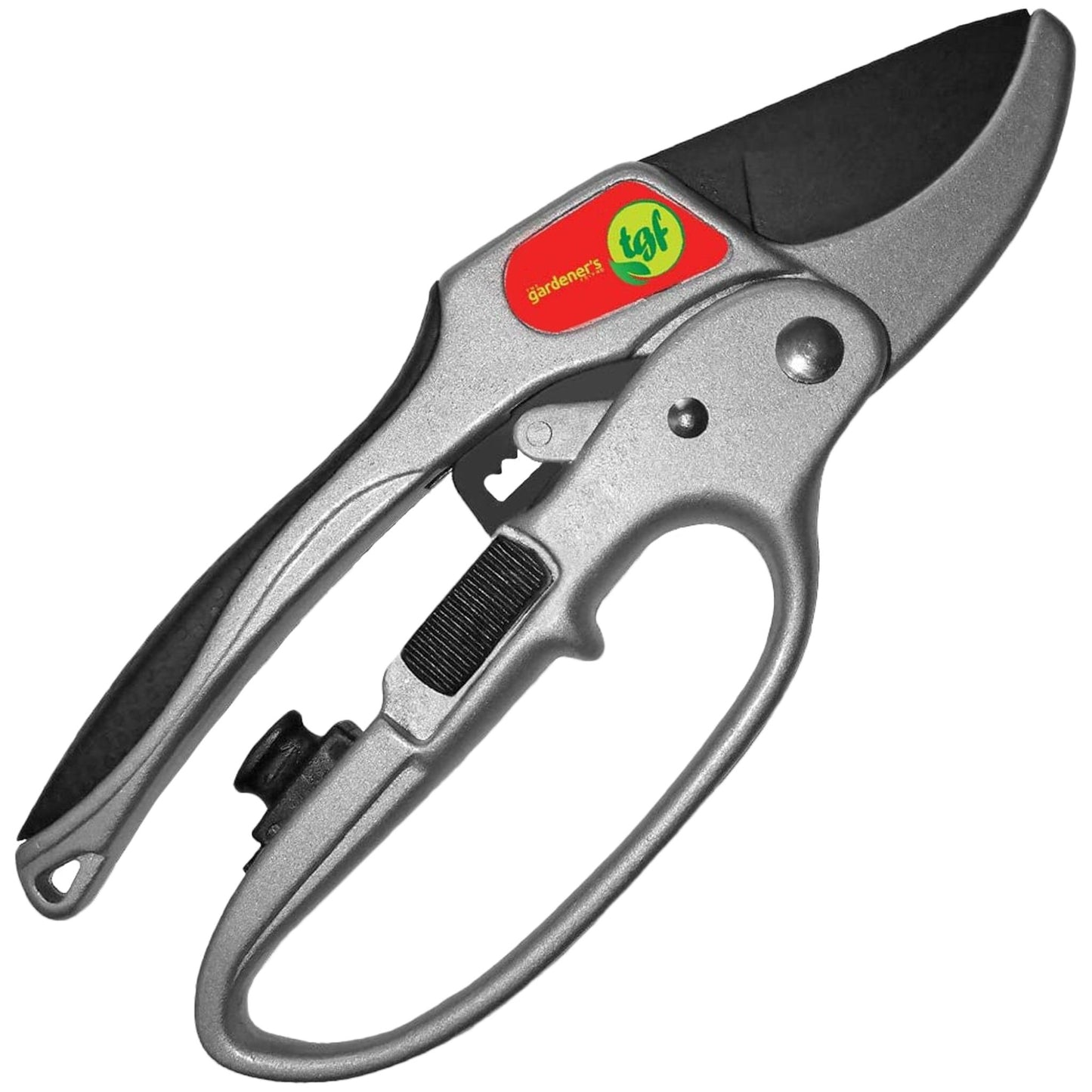 Ratchet pruners on a plain white background. Silver aluminium construction with the gardeners friend logo