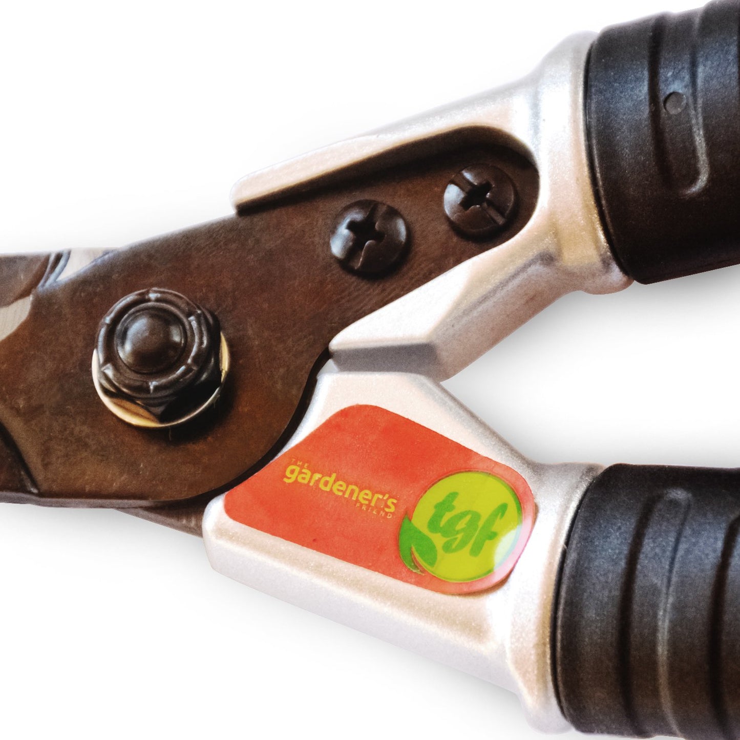 close up of the TGF logo on a set of hedge shears