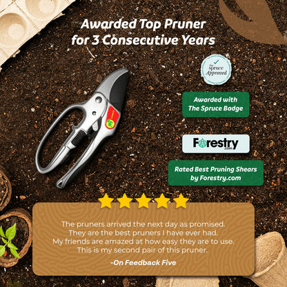 Ratchet pruners with award badges and a customer review