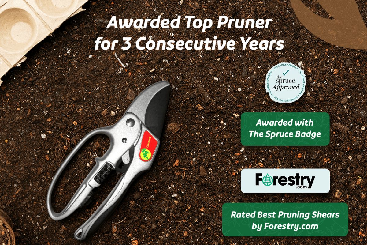 Ratchet pruning shears lay on the soil with text overlay showing award winning badges