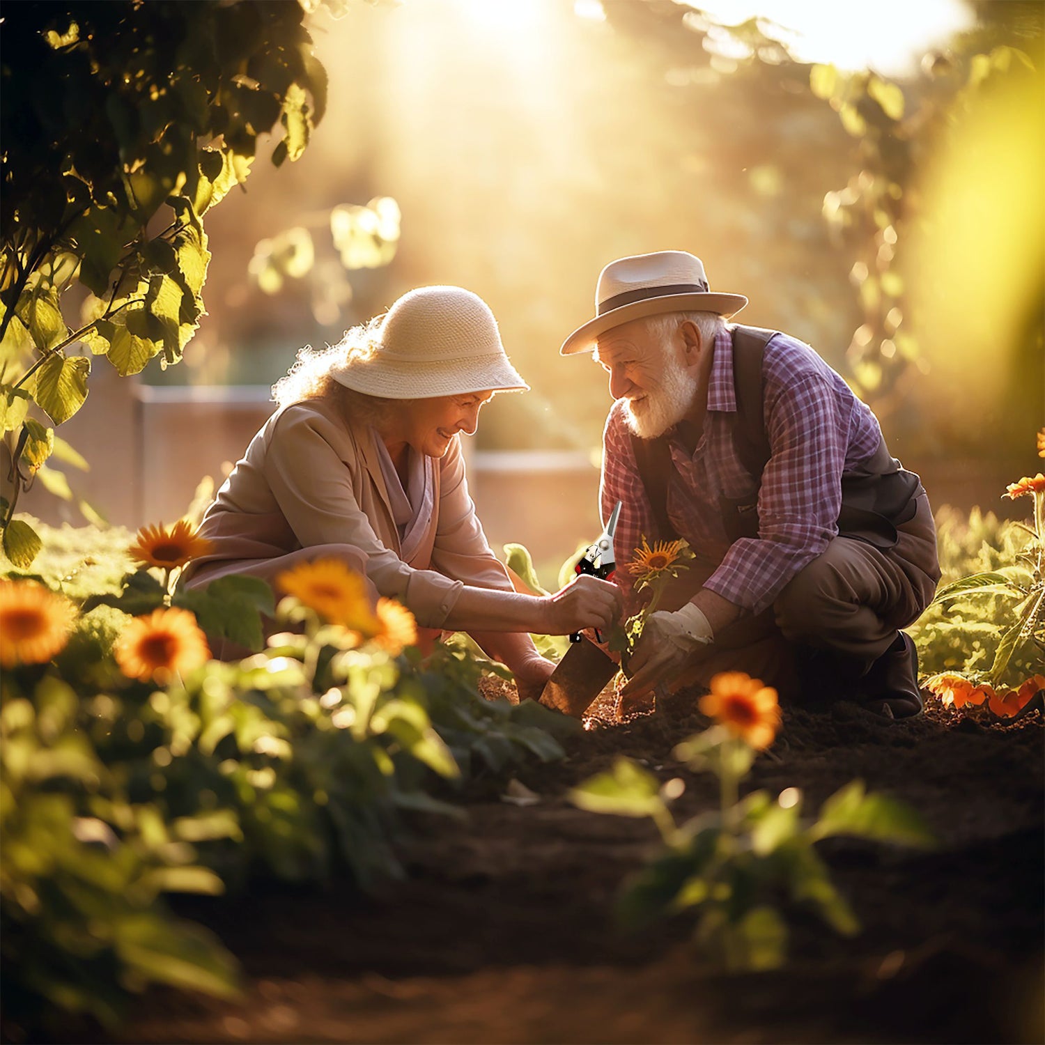 Elderly couple kneeling amongst sunflowers enjoying gardening