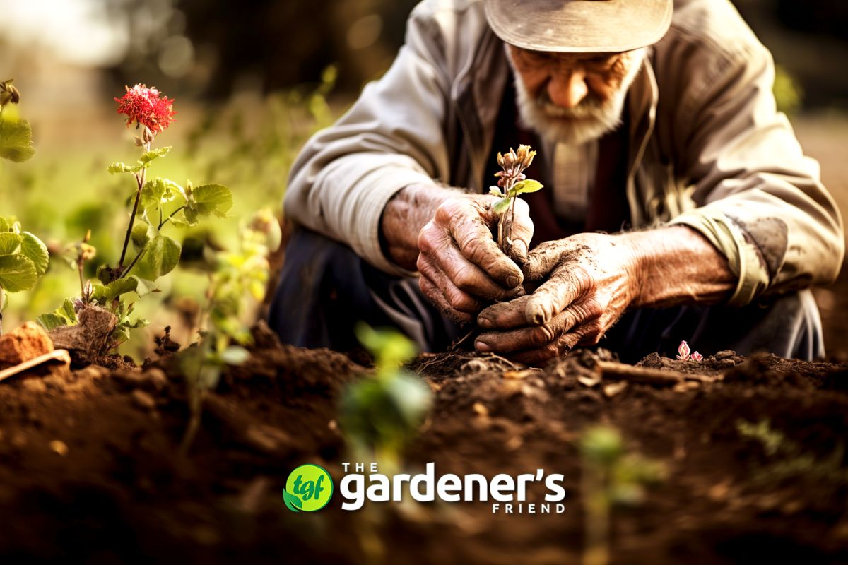 An elderly man with wrinkled hands covered in soil while planting a garden plant