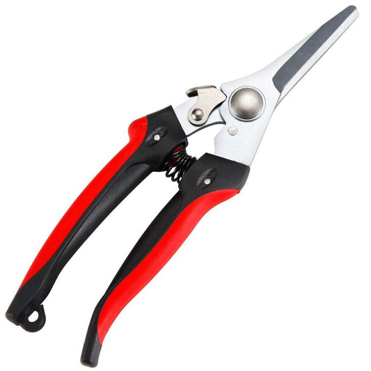 A close up of the Gardener's Friend garden snips on a plain white background. Silver steel blades with red and black handles