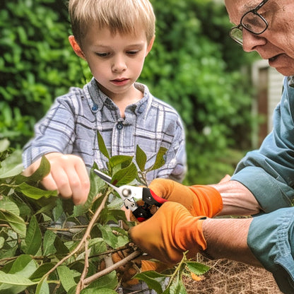 Man and a young boy cutting a shrub with garden snips