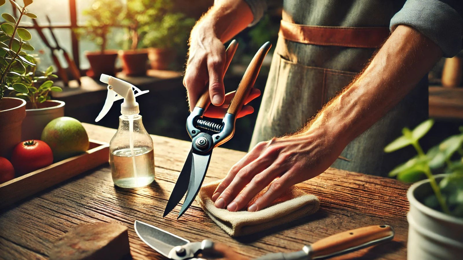 A man holding garden shears with a bottle of spray oil and a cleaning cloth on the table