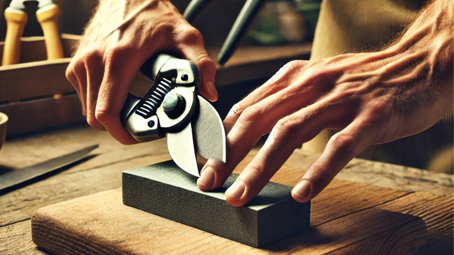 A man sharpening pruning shears on a stone