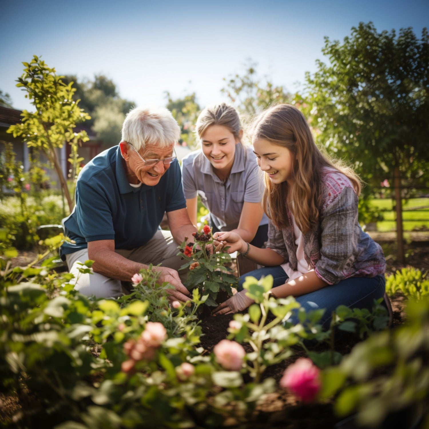 Senior citizen and two young ladies enjoying gardening together.