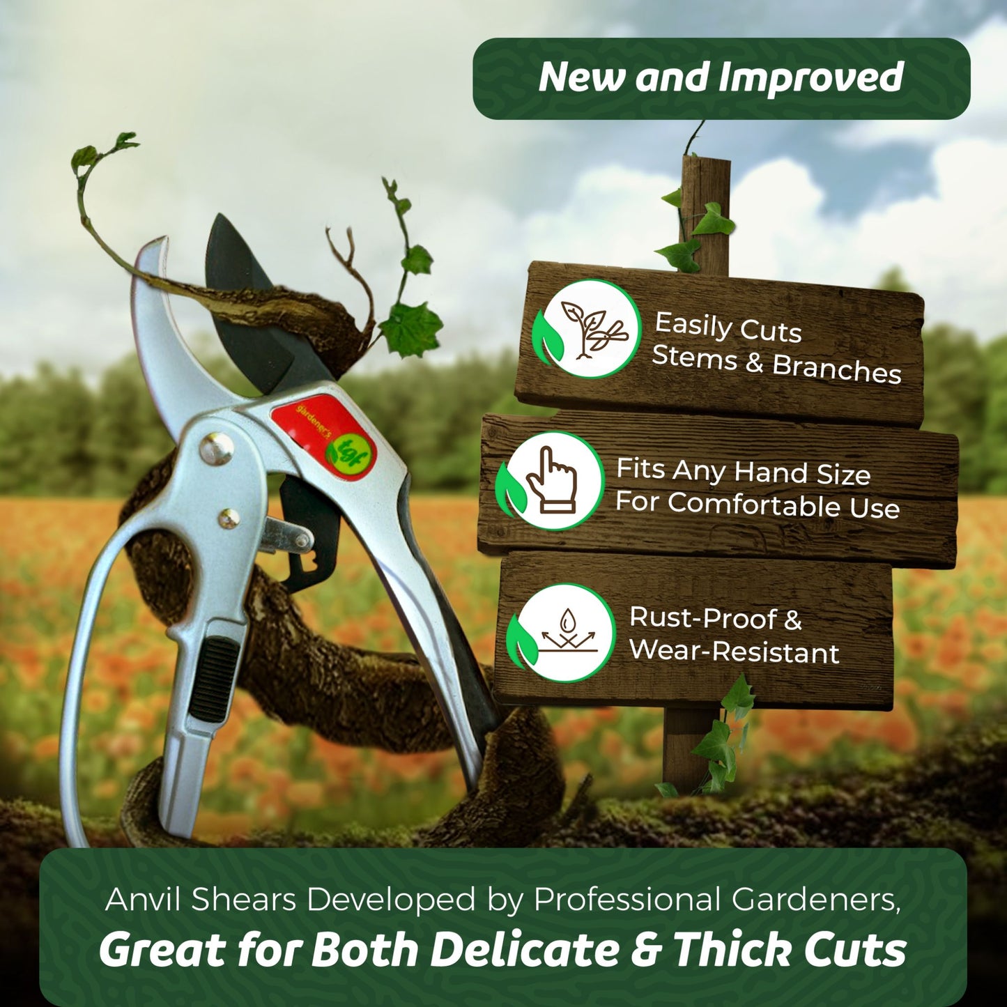 Ratchet pruning shears standing against a branch with text overlay "new and improved"