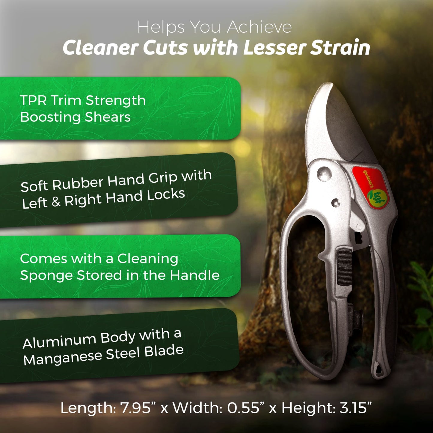 Ratchet pruners with text overlay and a tree in the background. Caption reads "Cleaner cuts with less strain" and also shows dimensions