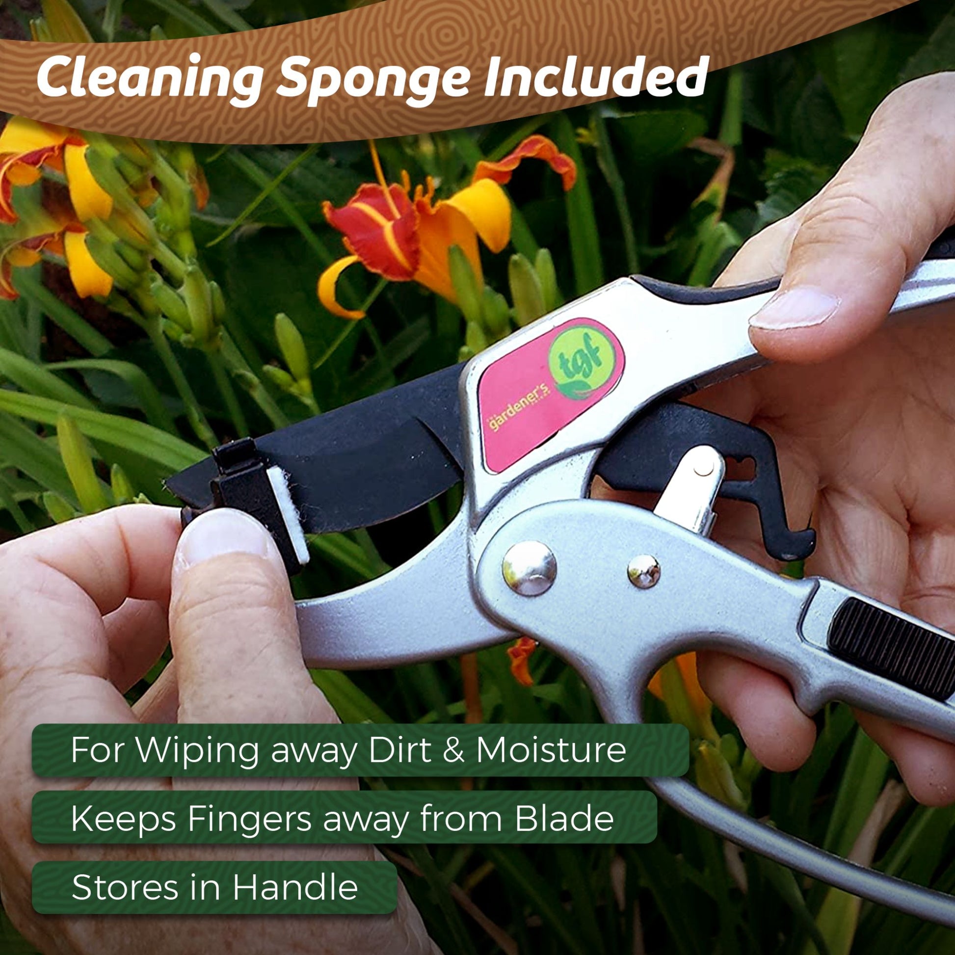 Close up of a hand cleaning ratchet pruners with the included cleaning sponge