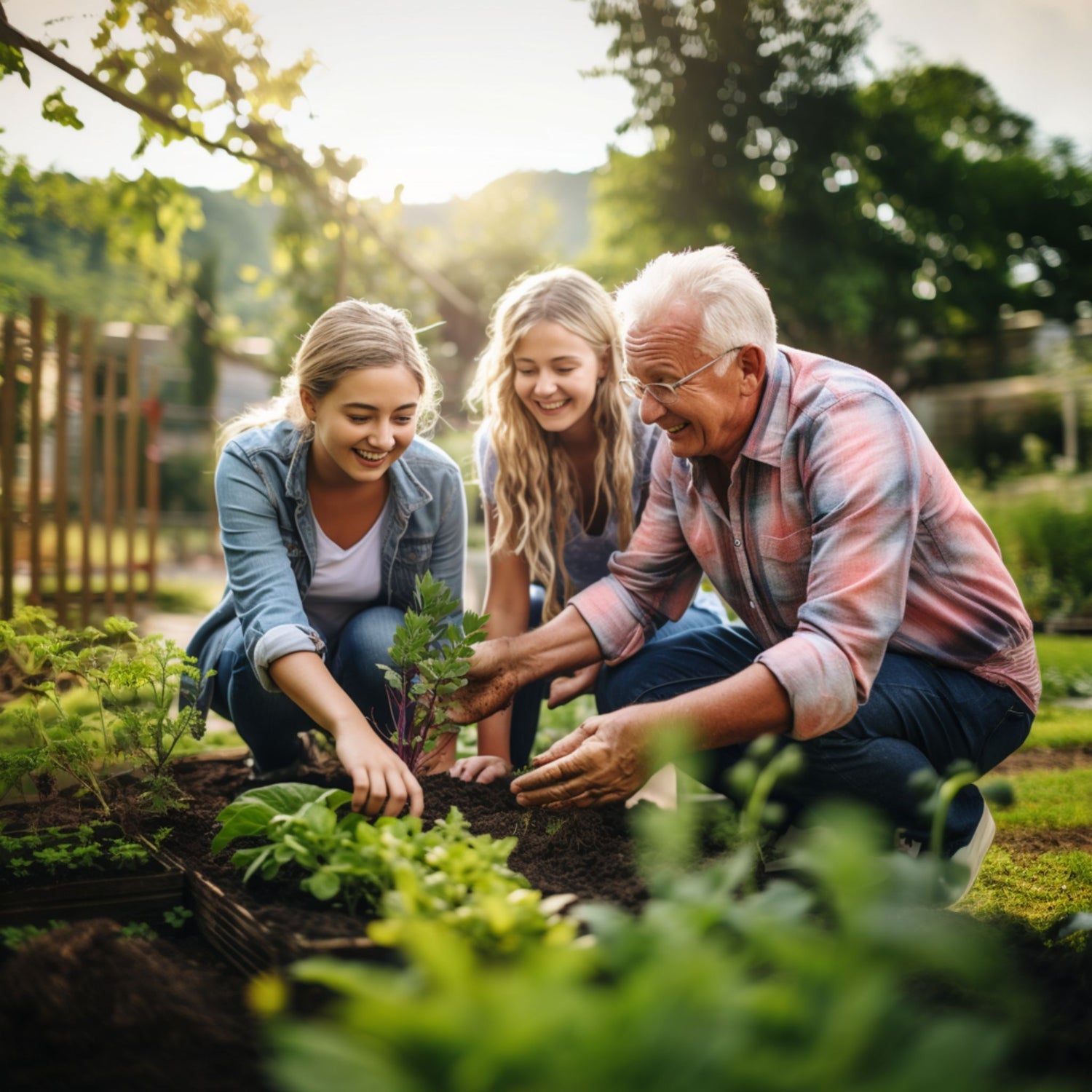 A Senior gentleman smiling and enjoying gardening in a raised bed with his grandchildren.