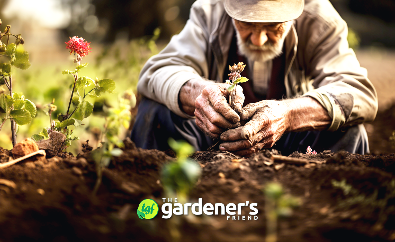 Elderly man actively engaged in gardening.