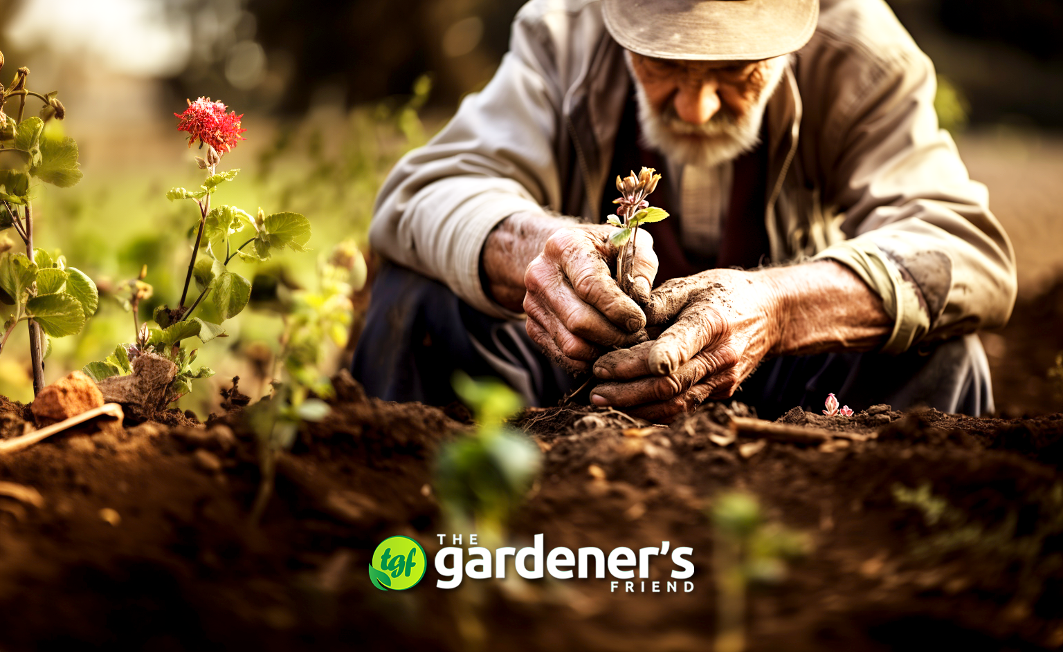 Elderly man with weak hands using The Gardener's Friend tools while gardening.