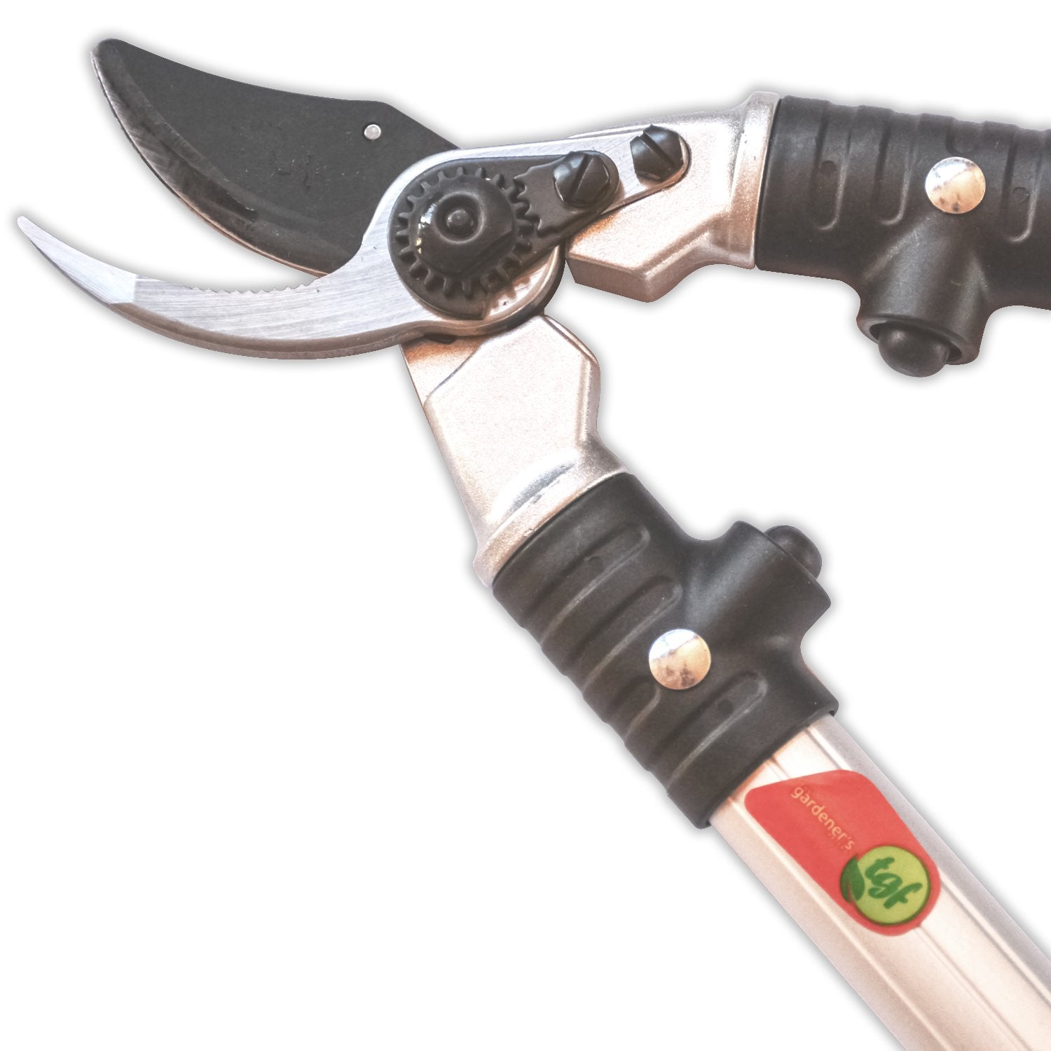 Ratchet pruning shears with assisted action and heavy-duty, nonstick steel blade by The Gardener's Friend.
