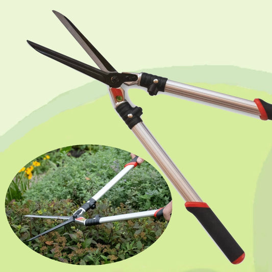 Long handled hedge shears, 23.5” with molded handgrips and very sharp 7” blade, lightweight and strong, ideal for gardeners with hand weakness.