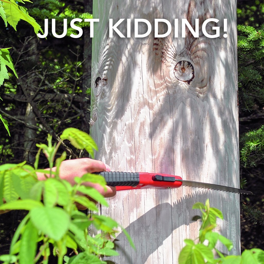 pruning saw held by a hand cutting down a large tree trunk with the caption "just kidding"