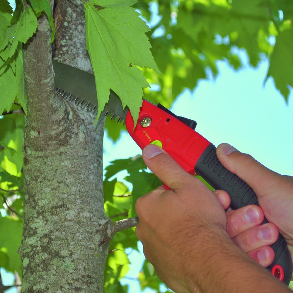 2 hands holding a pruning saw cutting down a large tree branch