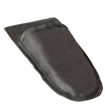 Pouch for hand pruners with easy on-off attachment to belt, designed to protect and provide easy access.
